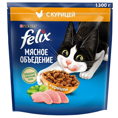 Felix Мясное Объедение сухой корм для кошек, Курица 1,3кг