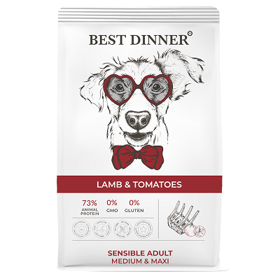 Best Dinner Sensible сухой корм для средних и крупных собак с чувствительным пищеварением, Ягненок,Томаты, 3кг