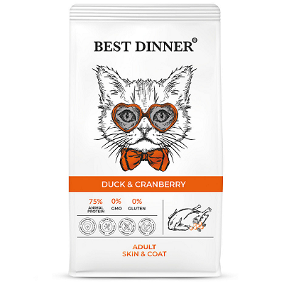 Best Dinner Skin & Coat сухой корм для кошек уход за кожей и шерстью, Утка, Клюква, 1,5кг
