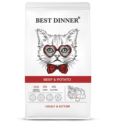 Best Dinner Adult & Kitten сухой корм для котят с 1 месяца и взрослых кошек, Говядина и Картофель, 1,5кг