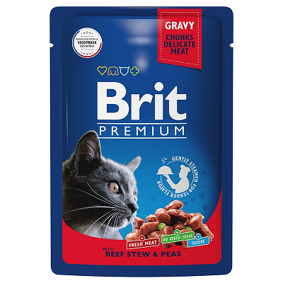Brit Premium влажный корм для кошек, Говядина Горошек в соусе 85г