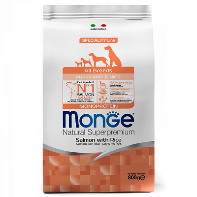 MONGE Puppy Monoprotein сухой корм для щенков и юниоров всех пород, Лосось с Рисом 800г