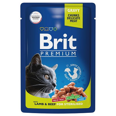 Brit Premium влажный корм для стерилизованных кошек, Ягненок и Говядина в соусе 85г