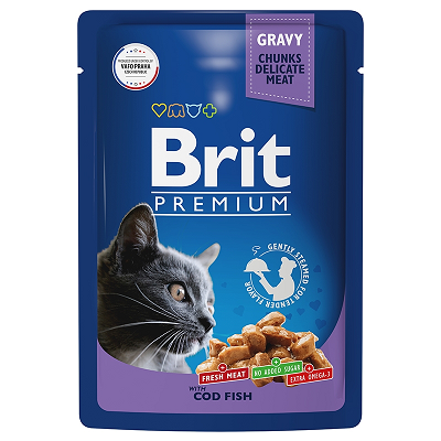 Brit Premium влажный корм для кошек, Треска в соусе 85г