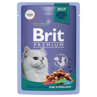 Brit Premium влажный корм для стерилизованных кошек, Утка с Яблоками в желе 85г