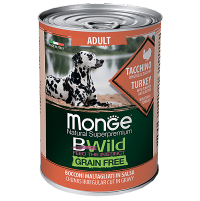 Monge BWild Dog Adult беззерновой влажный корм для собак, Индейка,Тыква, Кабачки в соусе 400г