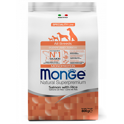 MONGE Puppy Monoprotein сухой корм для щенков и юниоров всех пород, Лосось с Рисом 2.5кг