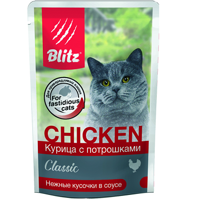 BLITZ Classic влажный корм для кошек, Курица с Потрошками, соус 85г