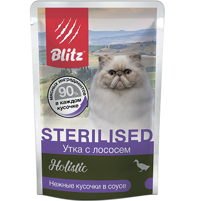 BLITZ Holistic Sterilised влажный корм для стерилизованных кошек, Утка с Лососем, соус 85г