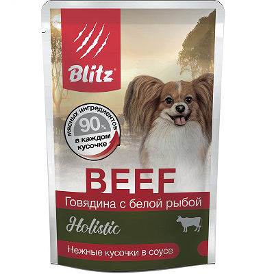 BLITZ Holistic влажный корм для собак, Говядина и Белая Рыба, соус 85г