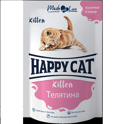 Happy Cat влажный корм для котят, Телятина, кусочки в желе, 100 г