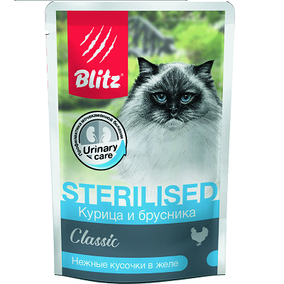 BLITZ Classic Sterilised влажный корм для стерилизованных кошек, Курица с Брусникой, желе 85г