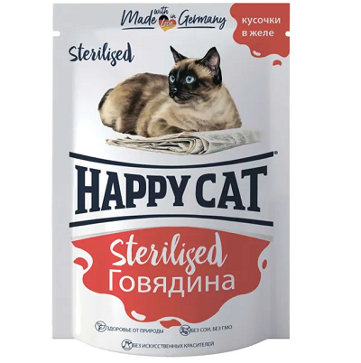 Happy Cat влажный корм для стерилизованных кошек, Говядина, кусочки в желе, 100 г