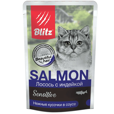 BLITZ Sensitive влажный корм для кошек Лосось с Индейкой, соус 85г