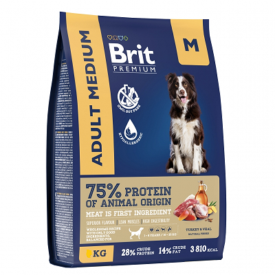Brit Premium сухой корм собак средних пород, Индейка,Телятина 1кг
