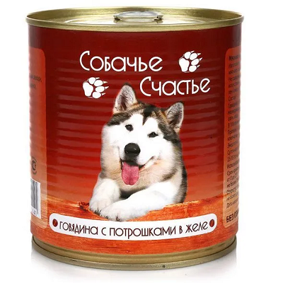Собачье Счастье влажный корм для собак, Говядина с Потрошками в желе 750г