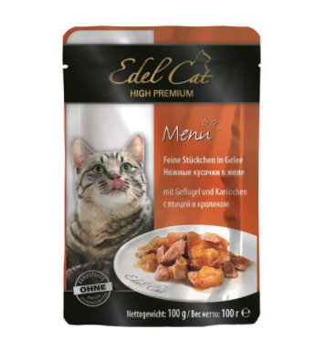 Edel Cat Menu влажный корм для кошек, Птица-Кролик, кусочки в желе, 100 г