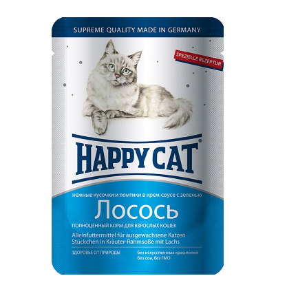 Happy Cat влажный корм для кошек, Лосось, ломтики в крем-соусе с зеленью, 100 г