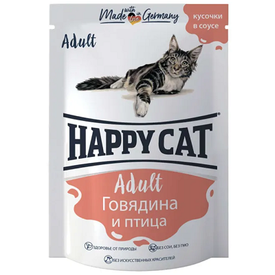 Happy Cat влажный корм для кошек, Говядина-Птица, кусочки в соусе, 100 г