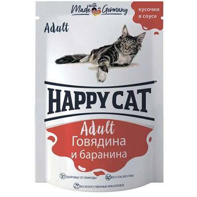 Happy Cat влажный корм для кошек, Говядина-Баранина, кусочки в соусе, 100 г