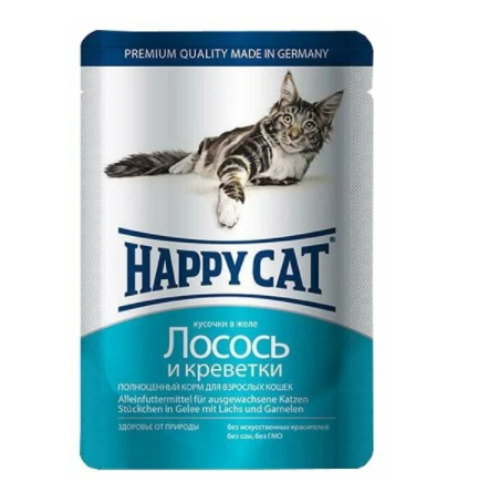 Happy Cat влажный корм для кошек, Лосось-Креветки, кусочки в желе, 100 г