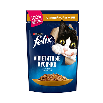 Felix Аппетитные Кусочки, влажный корм для кошек, Индейка, желе, 75г