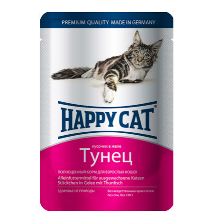 Happy Cat влажный корм для кошек, Тунец, кусочки в желе, 100 г