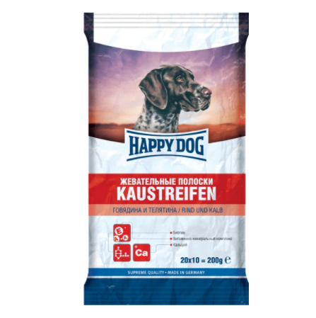 Happy Dog лакомство для собак, витаминно-минеральный комплекс, жевательные полоски, Говядина-Телятина, 200 г