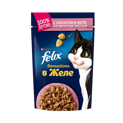 Felix Sensations влажный корм для кошек Лосось в желе со вкусом трески, 85г
