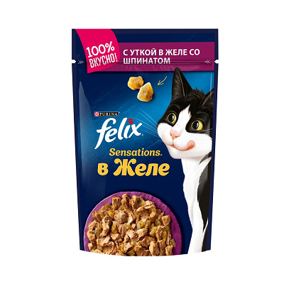 Felix Sensations влажный корм для кошек Утка в желе со шпинатом, 75г