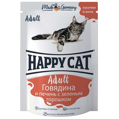 Happy Cat влажный корм для кошек, Говядина-Печень-Горох, кусочки в желе, 100 г