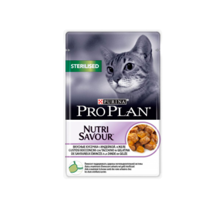 Pro Plan Nutri Savour Sterilised влажный корм для стерилизованных кошек, кусочки в желе, Индейка, 85 г