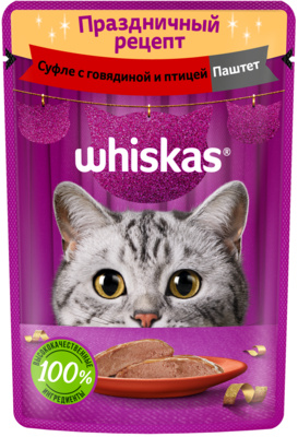 Whiskas влажный корм для кошек, Говядина и Птица, паштет, 75г