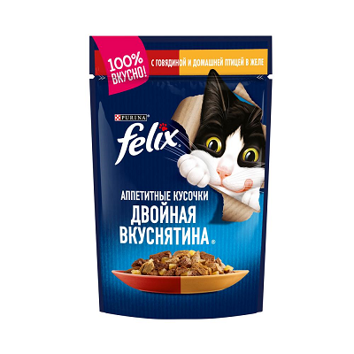 Felix Двойная Вкуснятина влажный корм для кошек Говядина, Птица в желе, 75г
