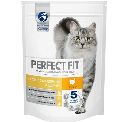 Perfect Fit Sensitive сухой корм для кошек с чувствительным пищеварением, Индейка, 190 г