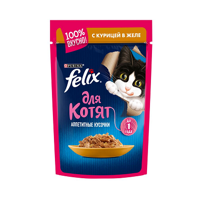 Felix влажный корм для котят кусочки с Курицей в желе, 85г