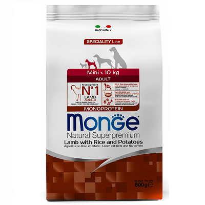 MONGE Adult Mini Monoprotein сухой корм для собак мини пород, Ягненок, Рис, Картофель 800г