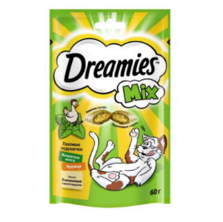Dreamies MIX Лакомые Подушечки, лакоство для кошек, Курица-Мята, 60 г
