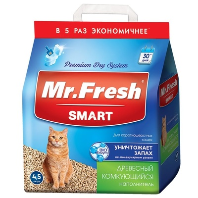 Mr. Fresh наполнитель для кошачьего туалета комкующийся, древесный для короткошерстных кошек, 4,5 л