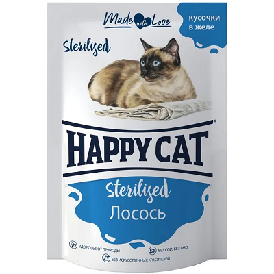 Happy Cat влажный корм для стерилизованных кошек, Лосось, кусочки в желе, 100 г
