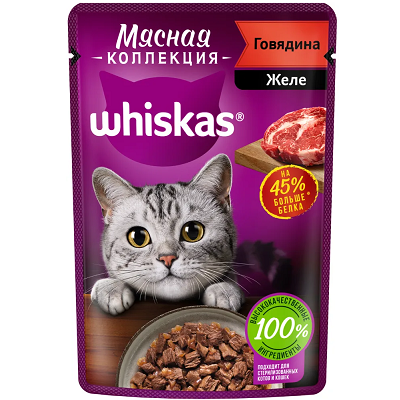Whiskas Мясная Коллекция влажный корм для кошек, Говядина желе 75г