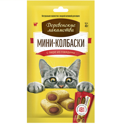 Деревенские Лакомства для кошек, мини колбаски с пюре из Говядины, 4*10г