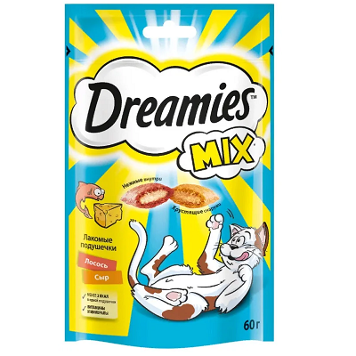 Dreamies MIX Лакомые Подушечки, лакоство для кошек, Лосось- Сыр, 60 г