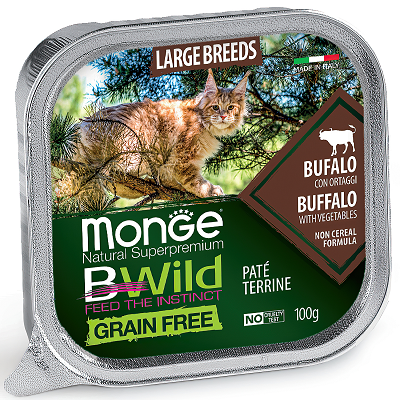 Monge Cat BWild GRAIN FREE беззерновые консервы из буйвола с овощами для кошек крупных пород 100г