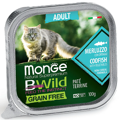 Monge BWild Cat беззерновой влажный корм взрослых кошек, Треска 100г