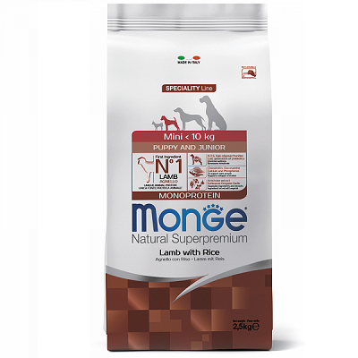MONGE Puppy Mini Monoprotein сухой корм для щенков и юниоров мелких пород, Ягненок с Рисом 2,5кг