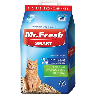 Mr. Fresh Smart наполнитель комкующийся древесный для короткошерстных кошек 9л, 4,4кг
